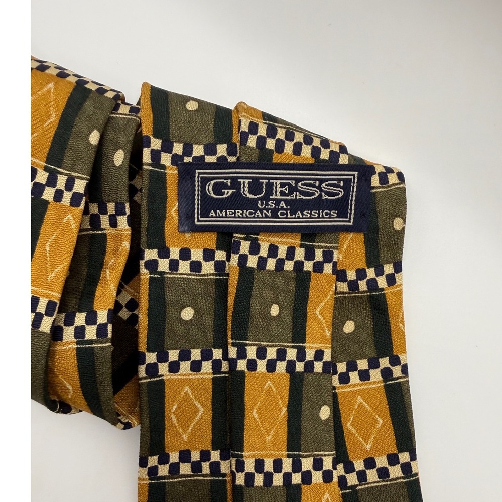 Guess Silk Tie OS Vintage 90s Geometric Diamond Checkered Mustard Olive Navy - Picture 5 of 7